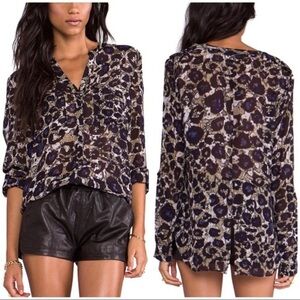 Sanctuary Cafe Top Animal Print Plum Roll Tab Sleeve Blouse